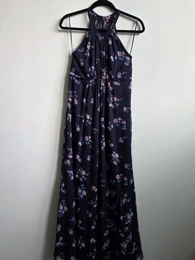 A Pea in the Pod Navy Blue Floral Chiffon Halter Maxi Maternity Dress, Size XS